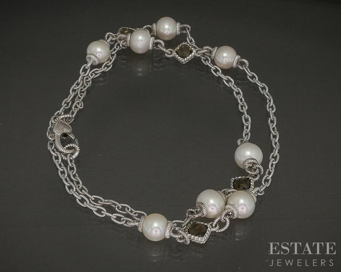 Sterling Judith Ripka Pearl & Smoky Quartz Cable Link Necklace 17g 20"L p24419