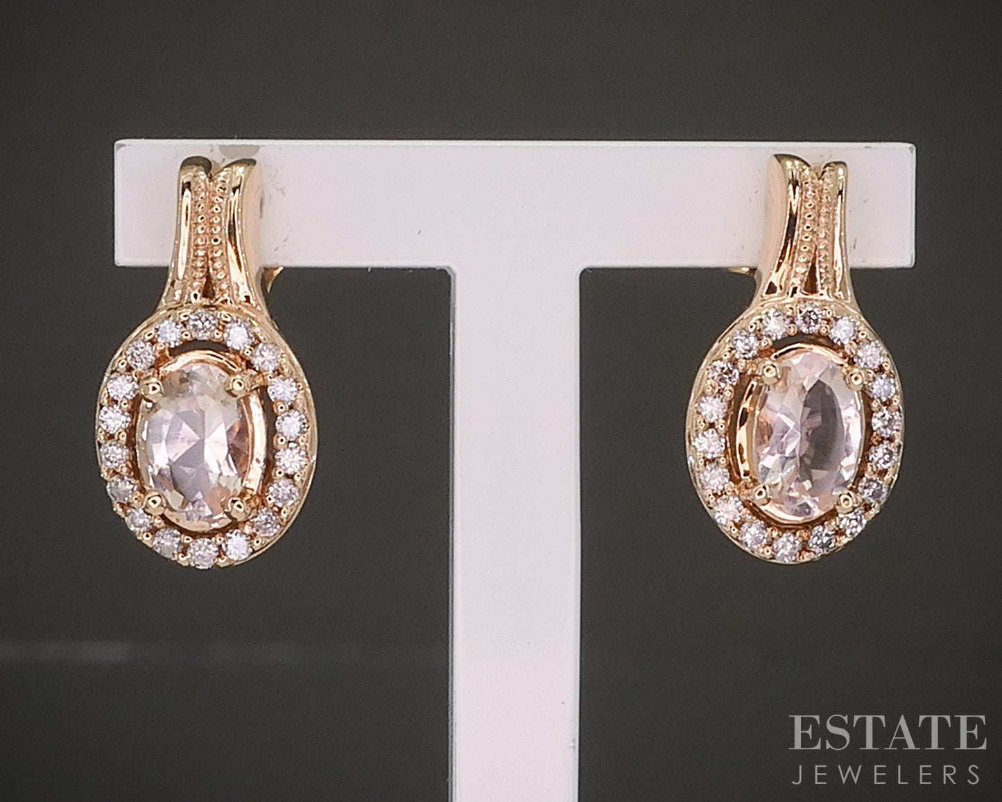 14k Rose Gold Oval Natural Morganite & Diamond Drop Earrings 4.4g p20629