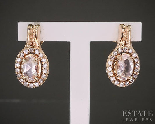 14k Rose Gold Oval Natural Morganite & Diamond Drop Earrings 4.4g p20629