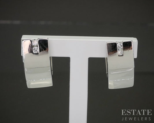 Platinum Round Natural .06ctw Diamond V Huggie Hoop Earrings 8.7g p19012