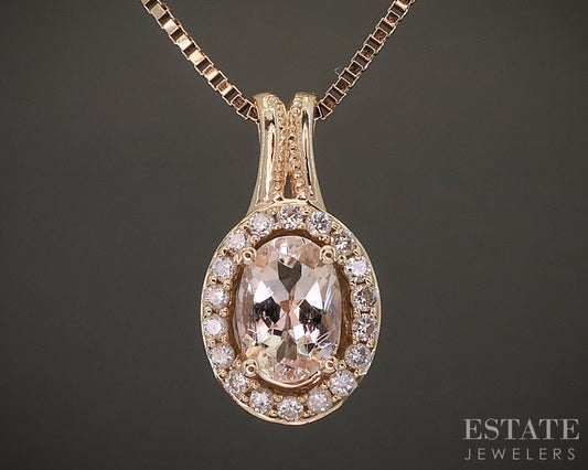 14k Rose Gold Oval Natural Morganite & Diamond Ladies Necklace 4.6g 24"L p20630