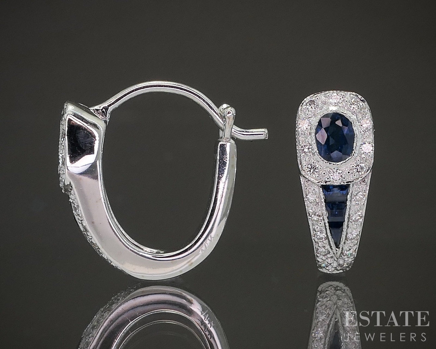 14k White Gold Natural Blue Sapphire & Diamond Hoop Earrings 3.7g p21639