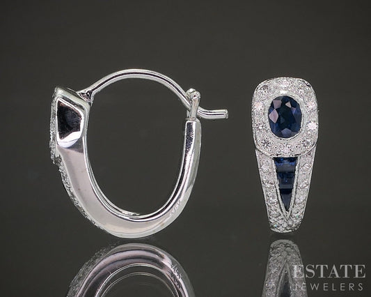 14k White Gold Natural Blue Sapphire & Diamond Hoop Earrings 3.7g p21639