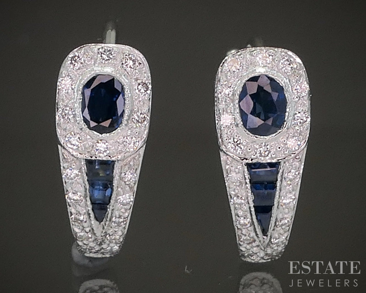 14k White Gold Natural Blue Sapphire & Diamond Hoop Earrings 3.7g p21639