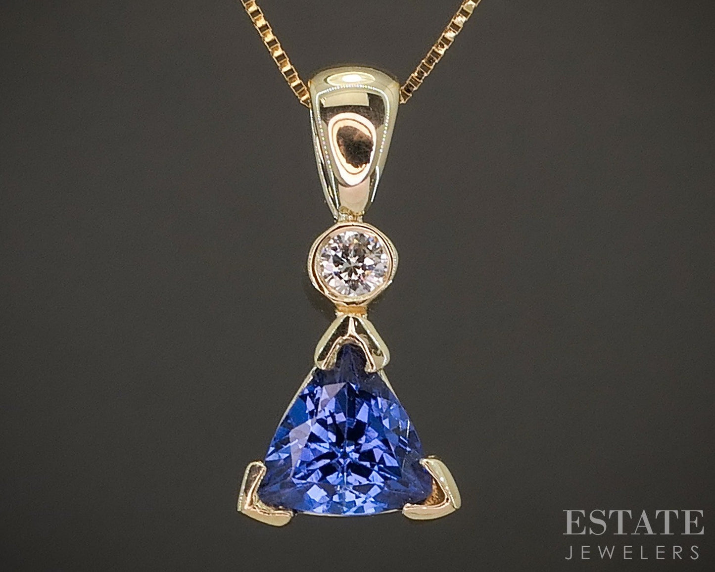 14k Yellow Gold Trillion Natural Tanzanite & Diamond Necklace 3.4g 19"L p17309