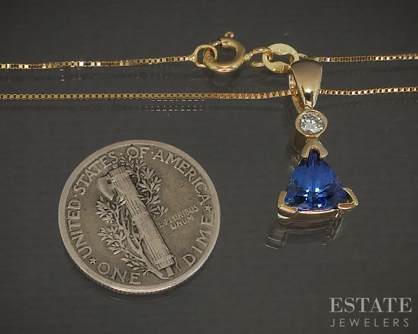 14k Yellow Gold Trillion Natural Tanzanite & Diamond Necklace 3.4g 19"L p17309