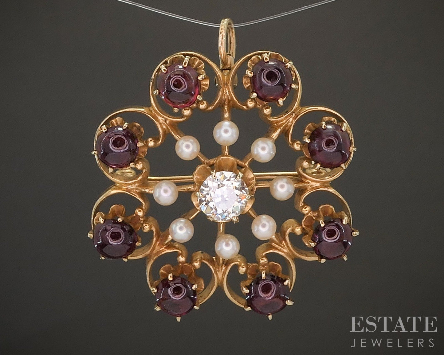 Vintage 14k Yellow Gold OEC Diamond Rhodolite Garnet Pearl Pin Pendant p19599