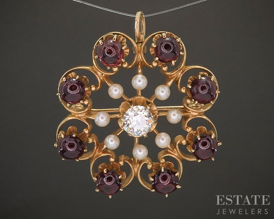 Vintage 14k Yellow Gold OEC Diamond Rhodolite Garnet Pearl Pin Pendant p19599