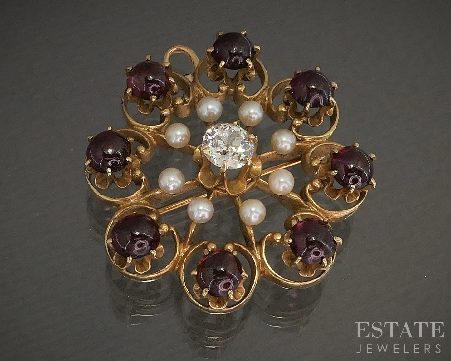 Vintage 14k Yellow Gold OEC Diamond Rhodolite Garnet Pearl Pin Pendant p19599