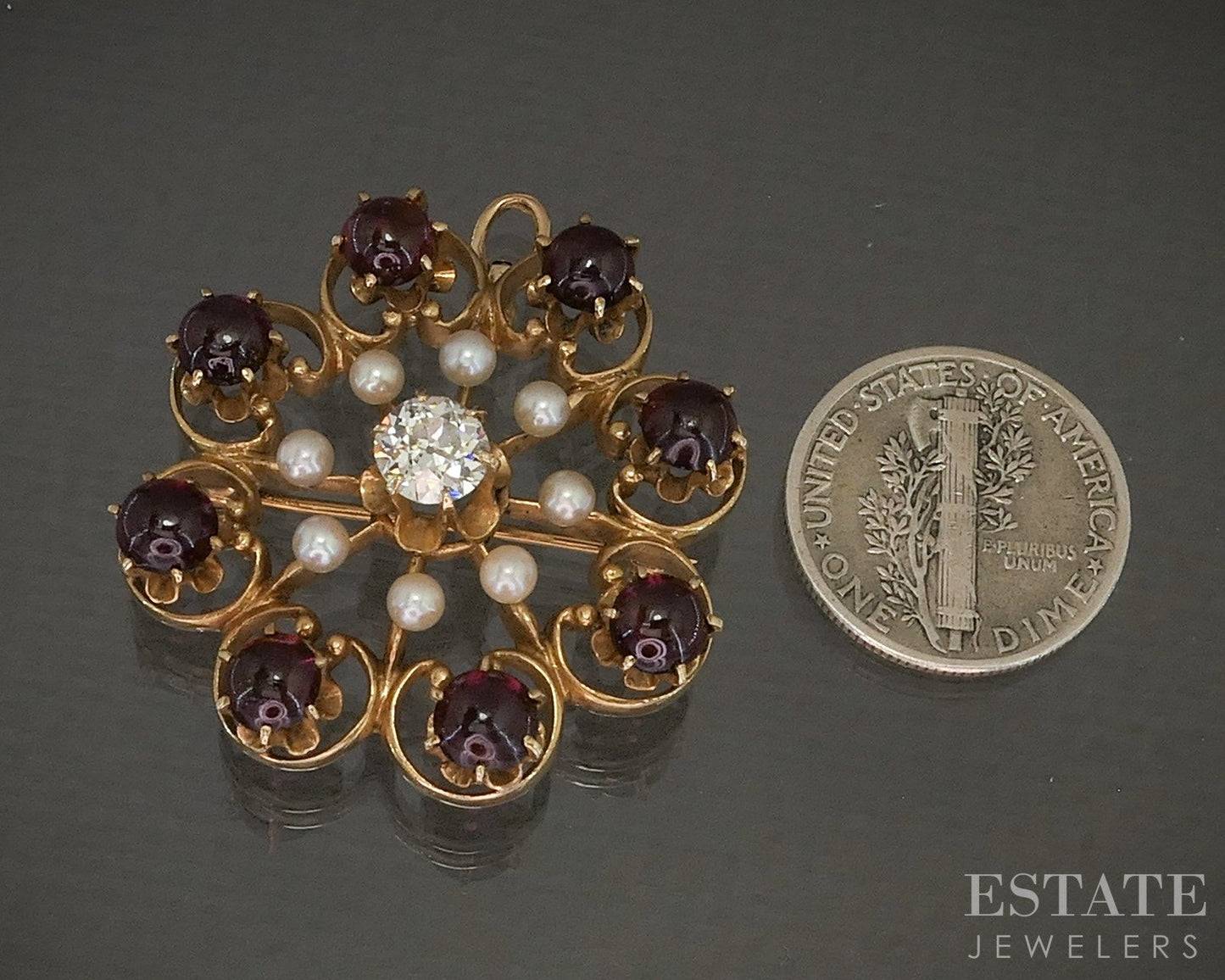 Vintage 14k Yellow Gold OEC Diamond Rhodolite Garnet Pearl Pin Pendant p19599