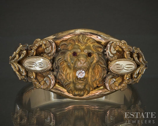Antique Art Nouveau Gold Filled Rhinestone Lion Bangle Bracelet 61g p20017