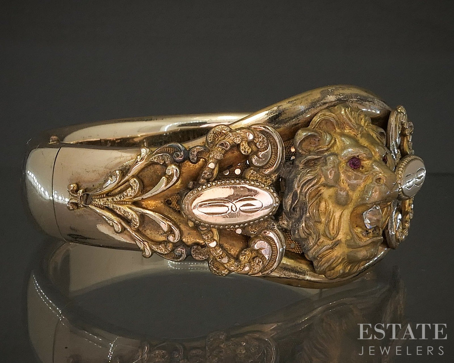 Antique Art Nouveau Gold Filled Rhinestone Lion Bangle Bracelet 61g p20017
