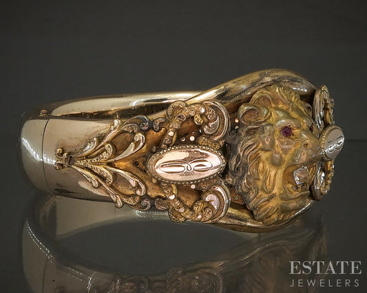 Antique Art Nouveau Gold Filled Rhinestone Lion Bangle Bracelet 61g p20017