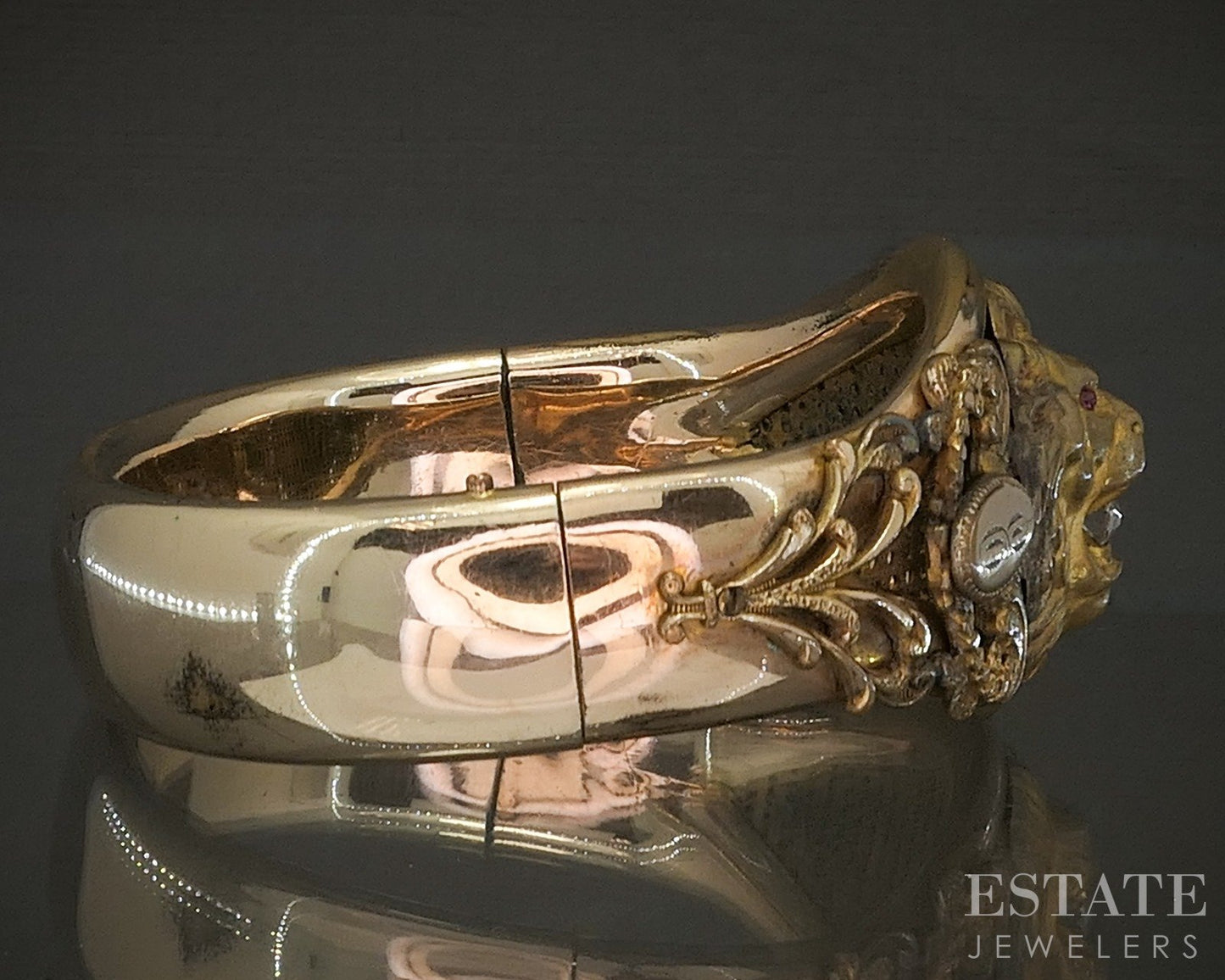 Antique Art Nouveau Gold Filled Rhinestone Lion Bangle Bracelet 61g p20017