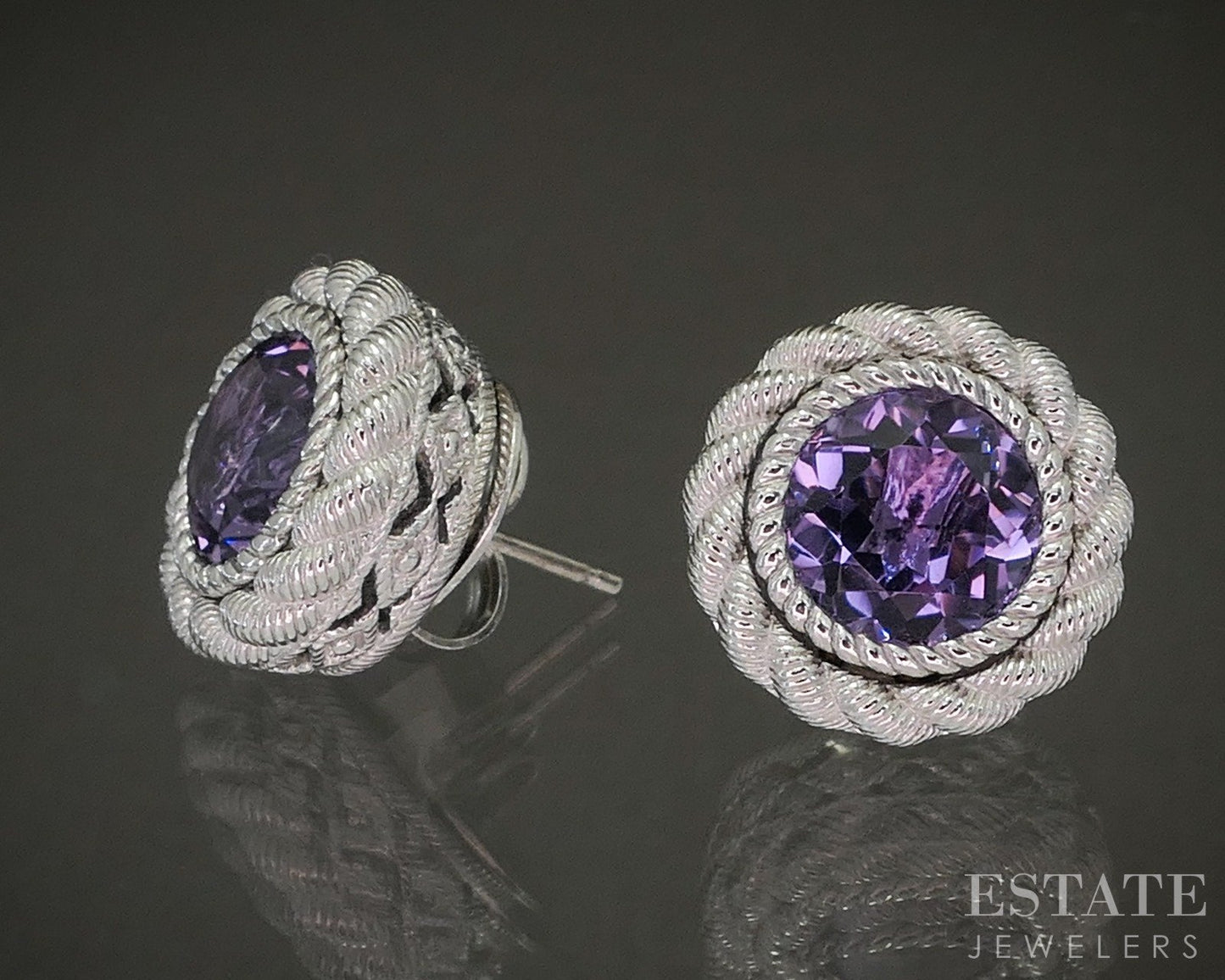 Sterling Silver Judith Ripka Natural Amethyst Button Stud Earrings 10g p21479
