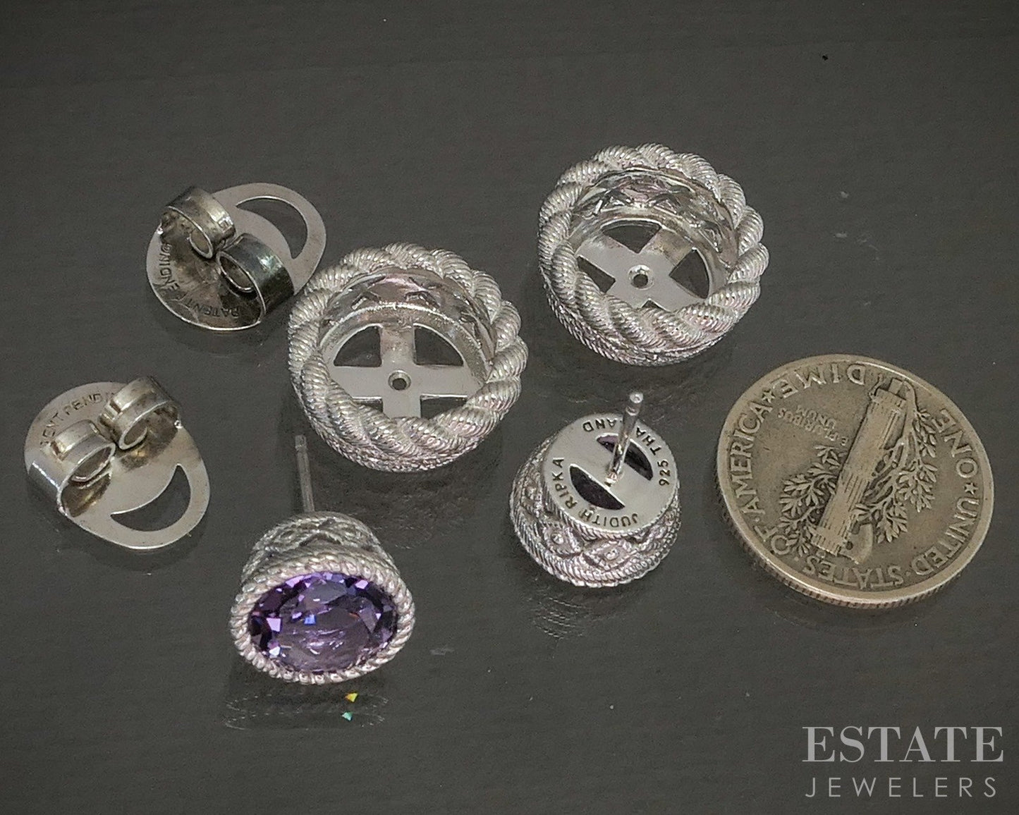 Sterling Silver Judith Ripka Natural Amethyst Button Stud Earrings 10g p21479