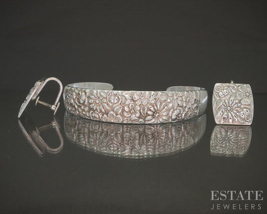 Vintage Sterling Towle Floral Flatware Pattern Cuff & Earrings Set 37g p20009