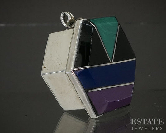Vintage Sterling Silver Mexico Multi Gem Pill Box 22.8g p20018