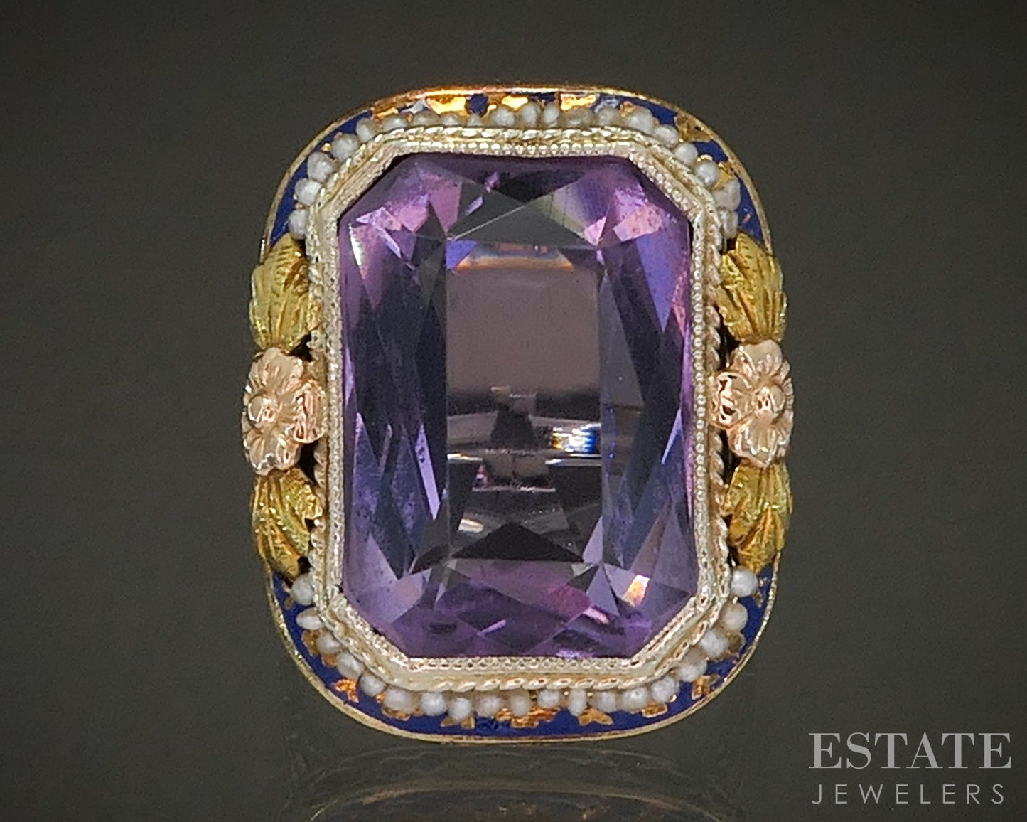 Antique Deco 14k Gold Natural Amethyst & Seed Pearl Filigree Ring 9.3g p22060