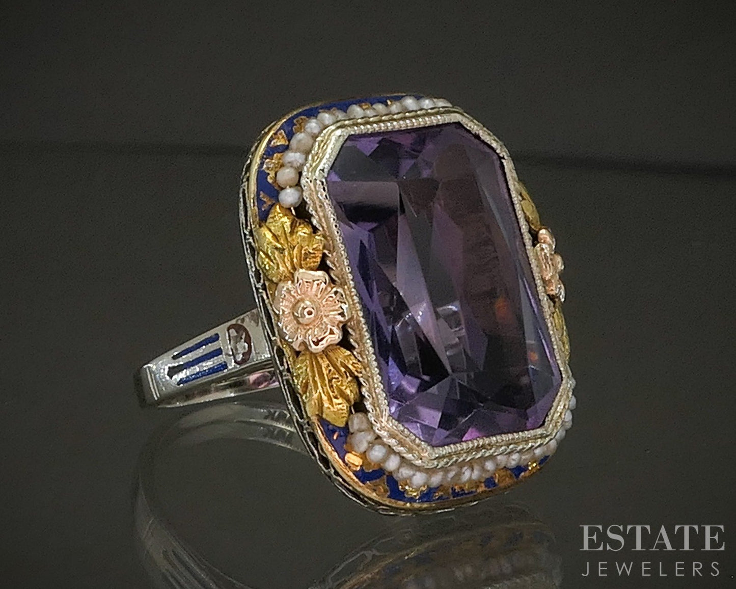 Antique Deco 14k Gold Natural Amethyst & Seed Pearl Filigree Ring 9.3g p22060