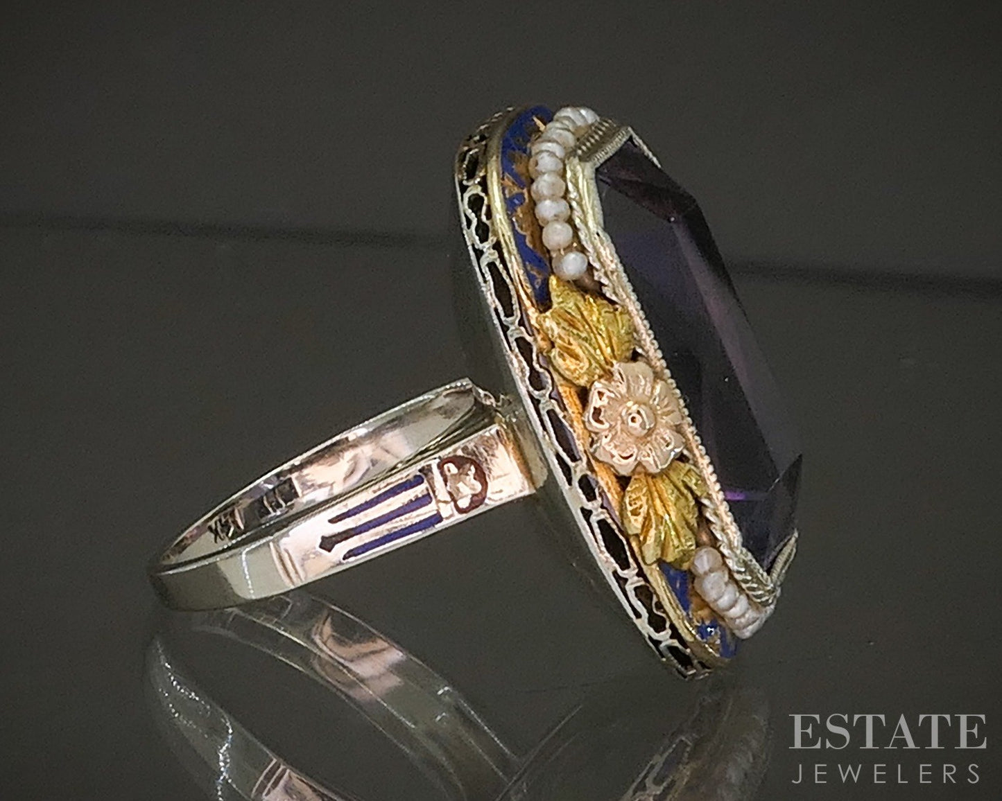 Antique Deco 14k Gold Natural Amethyst & Seed Pearl Filigree Ring 9.3g p22060