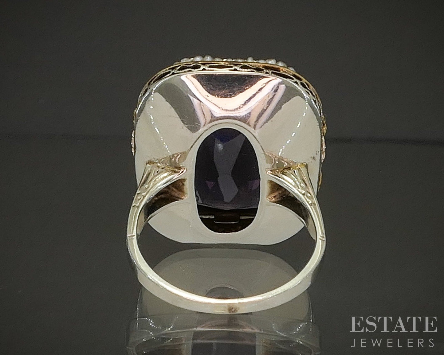 Antique Deco 14k Gold Natural Amethyst & Seed Pearl Filigree Ring 9.3g p22060