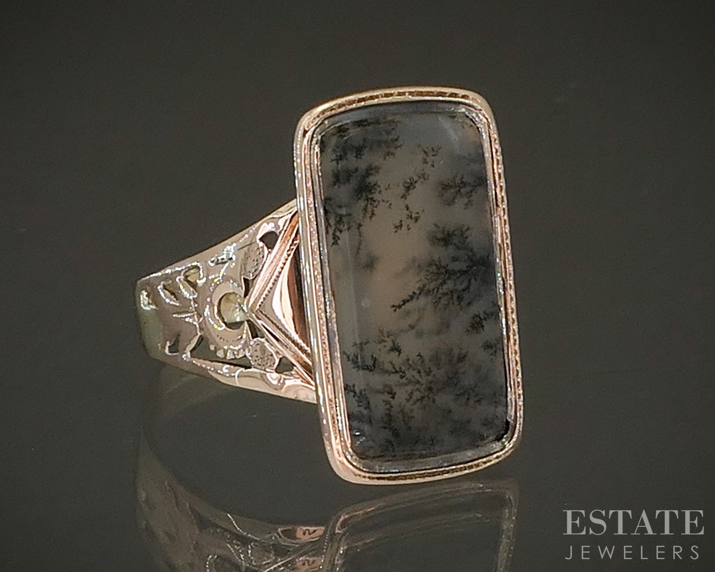 Antique Victorian 10k Rose Gold Natural Moss Agate Ladies Ring 3.2g p17831