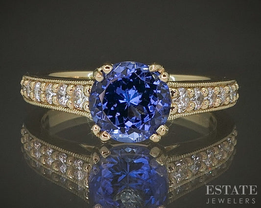 14k Yellow Gold Round 1.54ct Natural Tanzanite & Diamond Ring 4.4g p24334