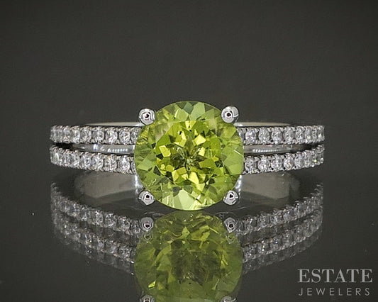14k White Gold Round 1.47ct Natural Peridot & Diamond Ring 4.1g p24295