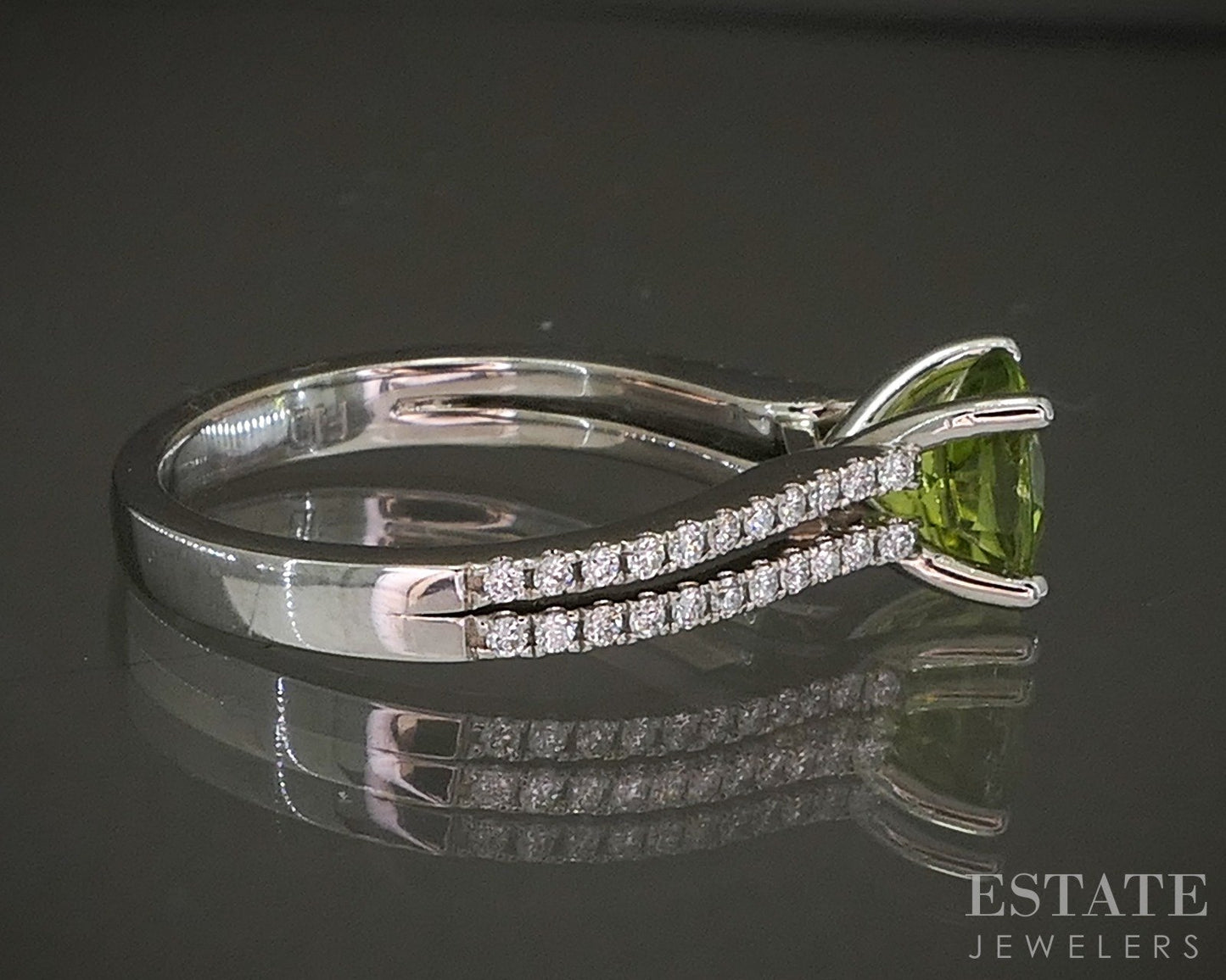 14k White Gold Round 1.47ct Natural Peridot & Diamond Ring 4.1g p24295