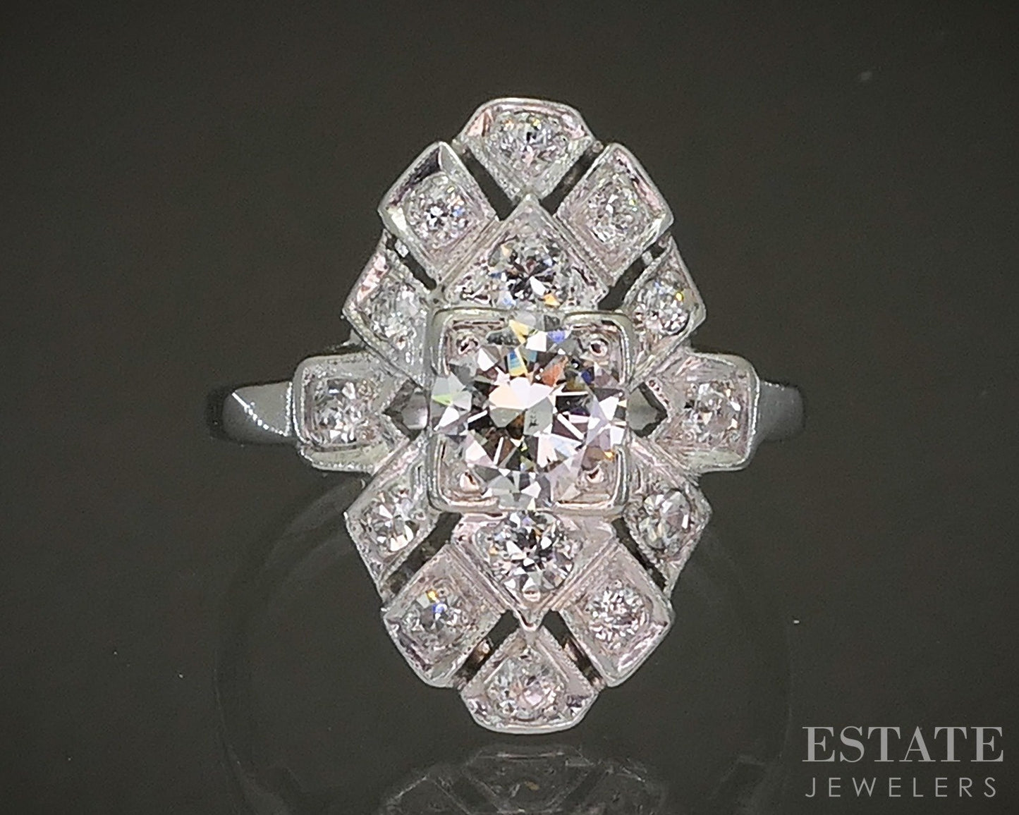 Antique Art Deco Platinum Natural .80ctw Diamond Filigree Shield Ring 3g p16867