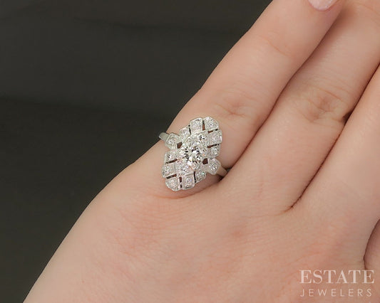 Antique Art Deco Platinum Natural .80ctw Diamond Filigree Shield Ring 3g p16867