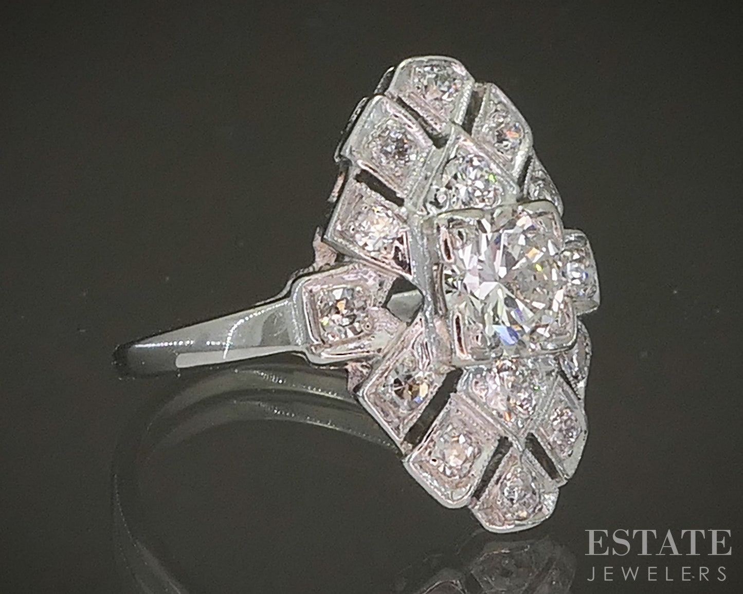 Antique Art Deco Platinum Natural .80ctw Diamond Filigree Shield Ring 3g p16867