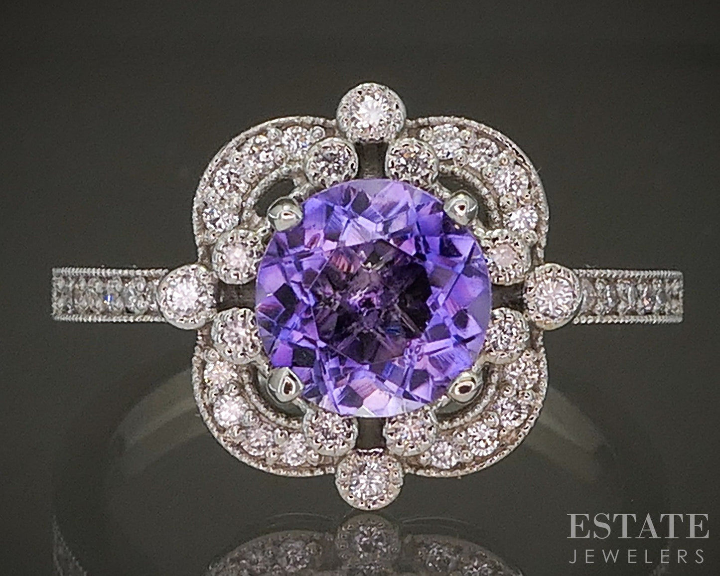 14k White Gold Round 1.05ct Natural Amethyst & Diamond Ring 4.6g p24312