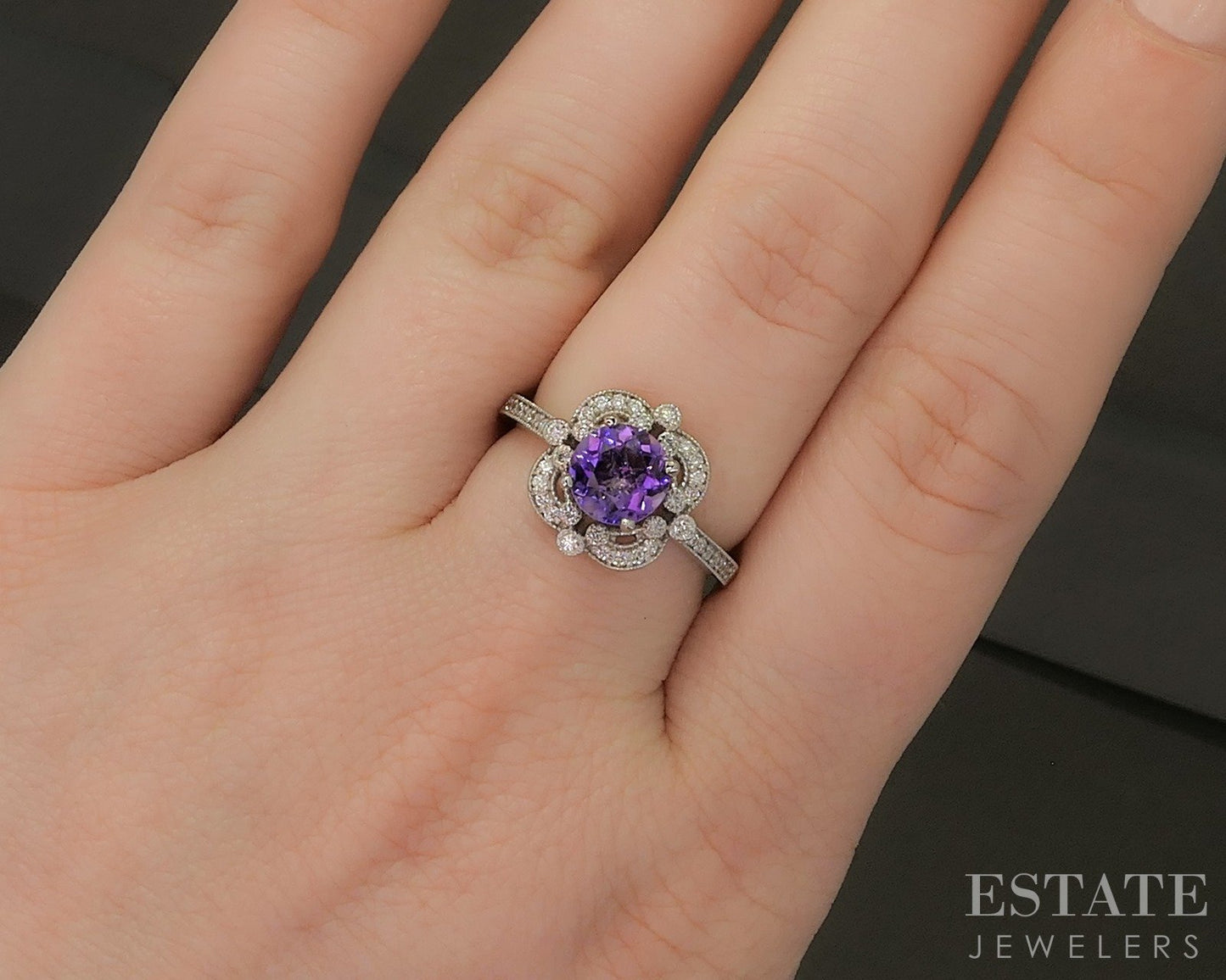 14k White Gold Round 1.05ct Natural Amethyst & Diamond Ring 4.6g p24312