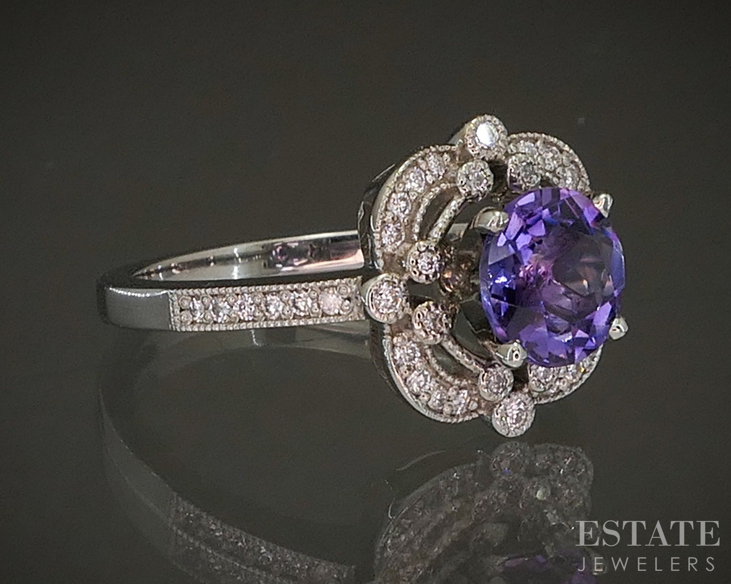 14k White Gold Round 1.05ct Natural Amethyst & Diamond Ring 4.6g p24312