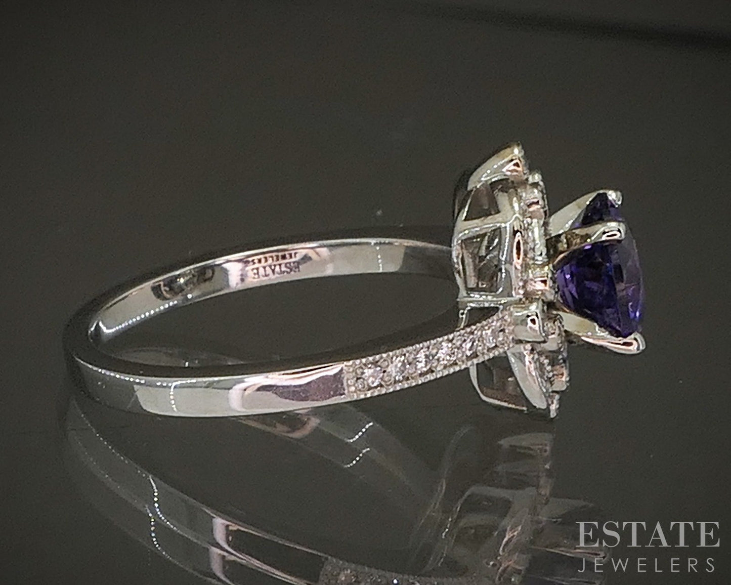 14k White Gold Round 1.05ct Natural Amethyst & Diamond Ring 4.6g p24312