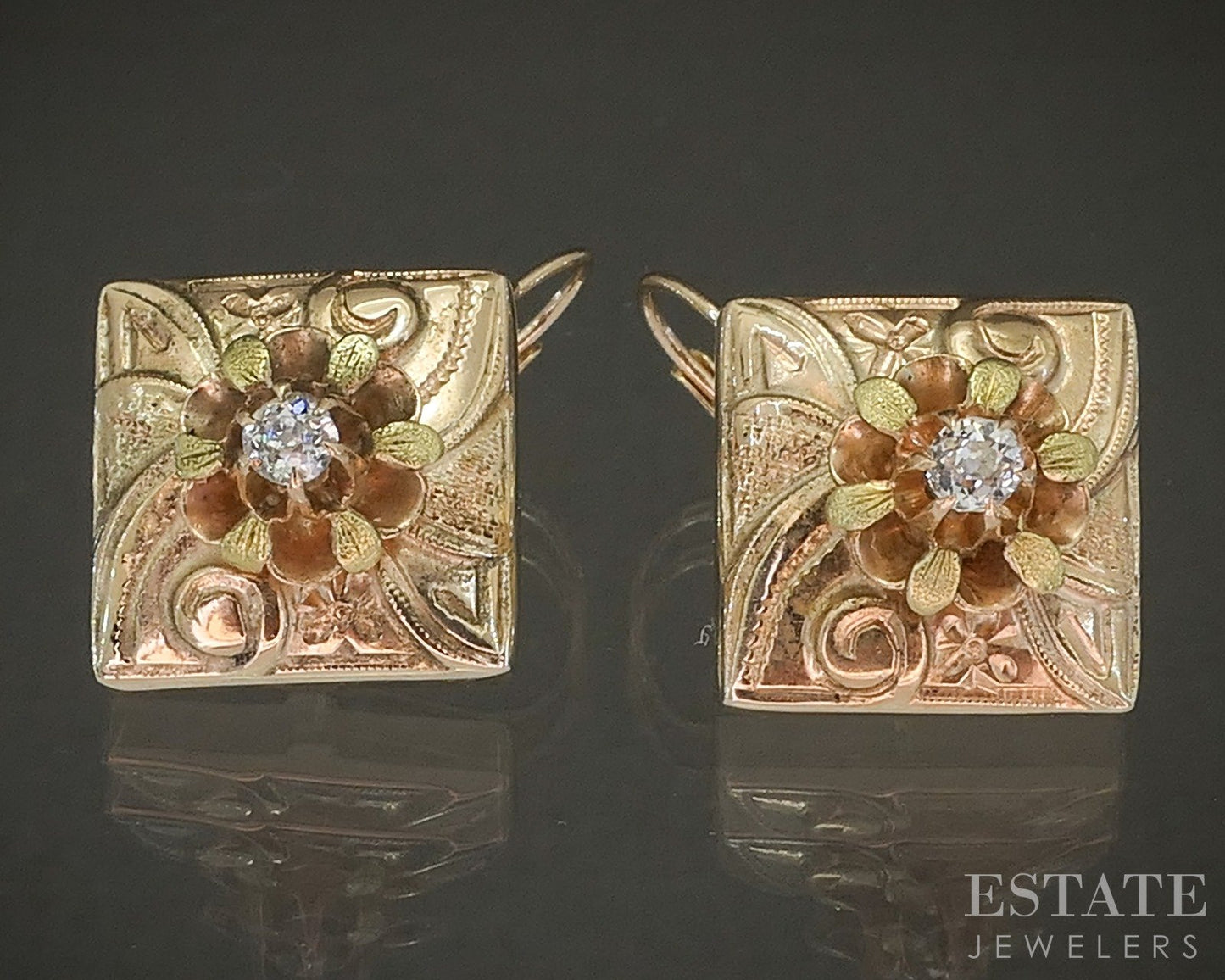 Antique Victorian 14k Yellow & Green Gold OEC .20ctw Diamond Earrings 4g p23190