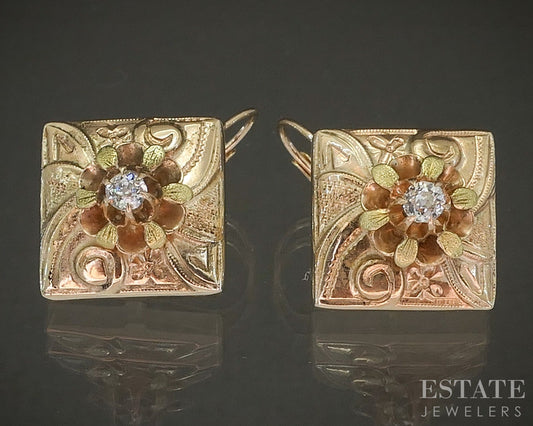 Antique Victorian 14k Yellow & Green Gold OEC .20ctw Diamond Earrings 4g p23190
