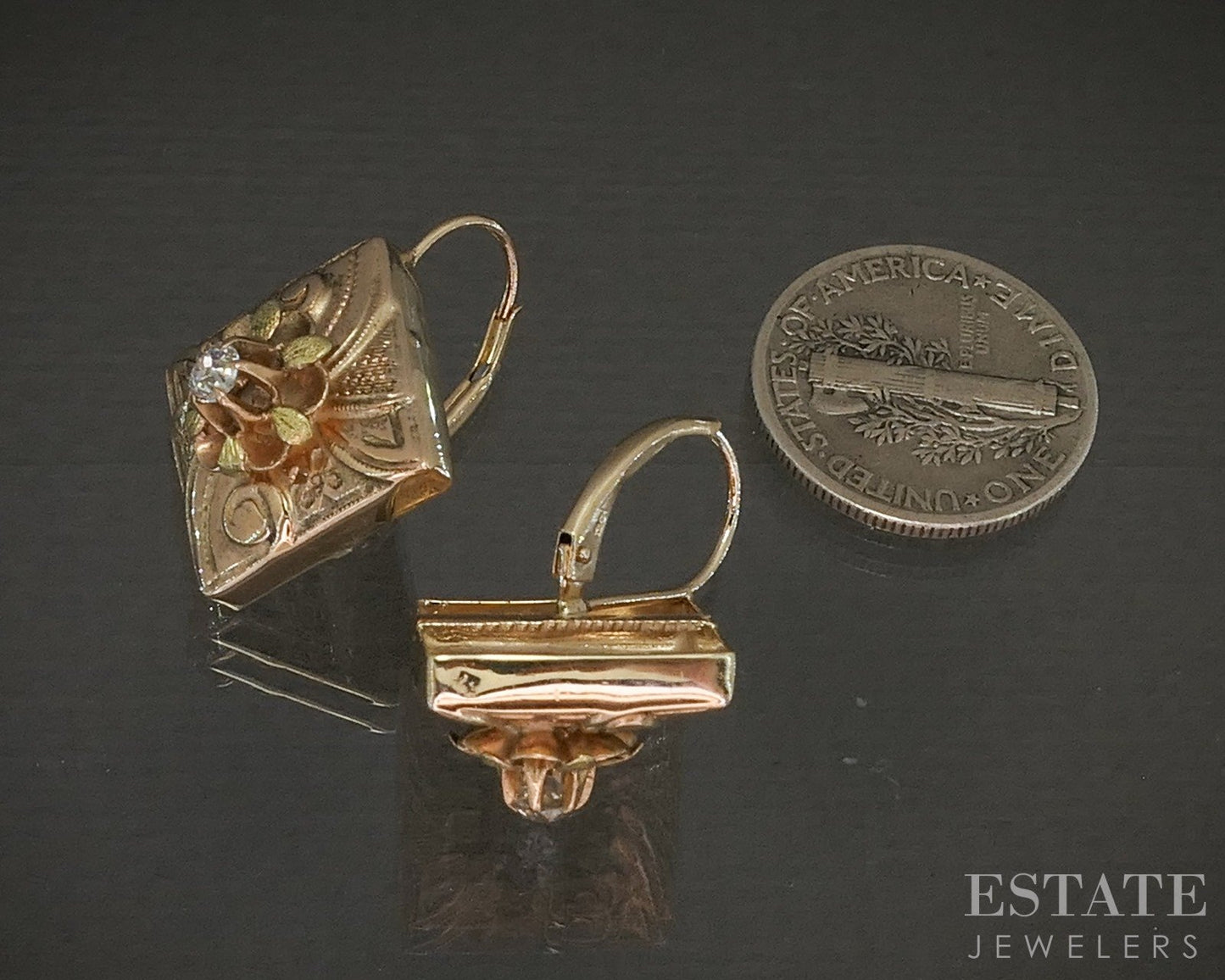 Antique Victorian 14k Yellow & Green Gold OEC .20ctw Diamond Earrings 4g p23190