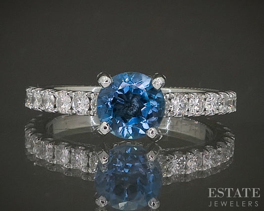 14k White Gold Round 1.19ct Natural Blue Topaz & Diamond Ring 2.7g p24375