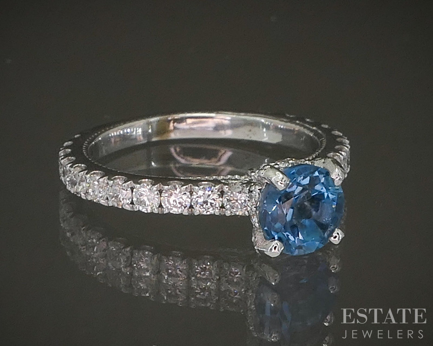 14k White Gold Round 1.19ct Natural Blue Topaz & Diamond Ring 2.7g p24375