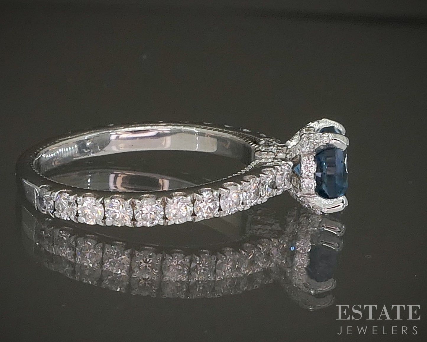 14k White Gold Round 1.19ct Natural Blue Topaz & Diamond Ring 2.7g p24375