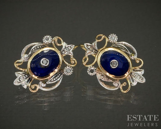 Antique 18k Yellow Gold & Silver Enameled Diamond Leverback Earrings 6.7g p24351