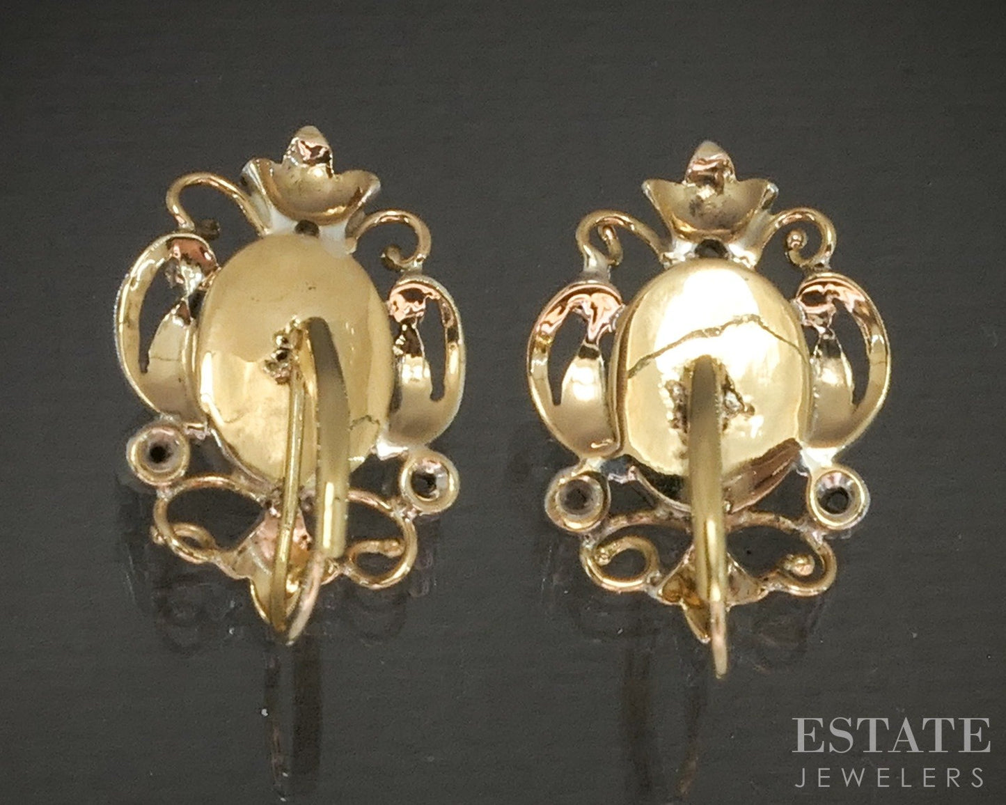 Antique 18k Yellow Gold & Silver Enameled Diamond Leverback Earrings 6.7g p24351