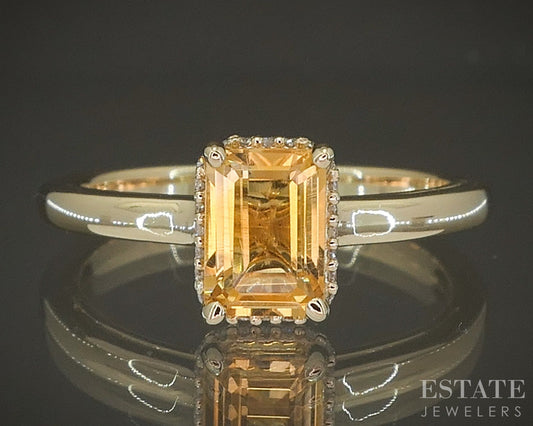 14k Yellow Gold Emerald .95ct Natural Citrine & Diamond Ring 3.5g p24299