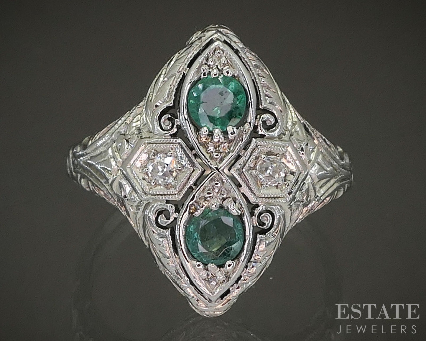 Antique Art Deco Platinum Natural Emerald & Diamond Filigree Ring 2.9g p20824