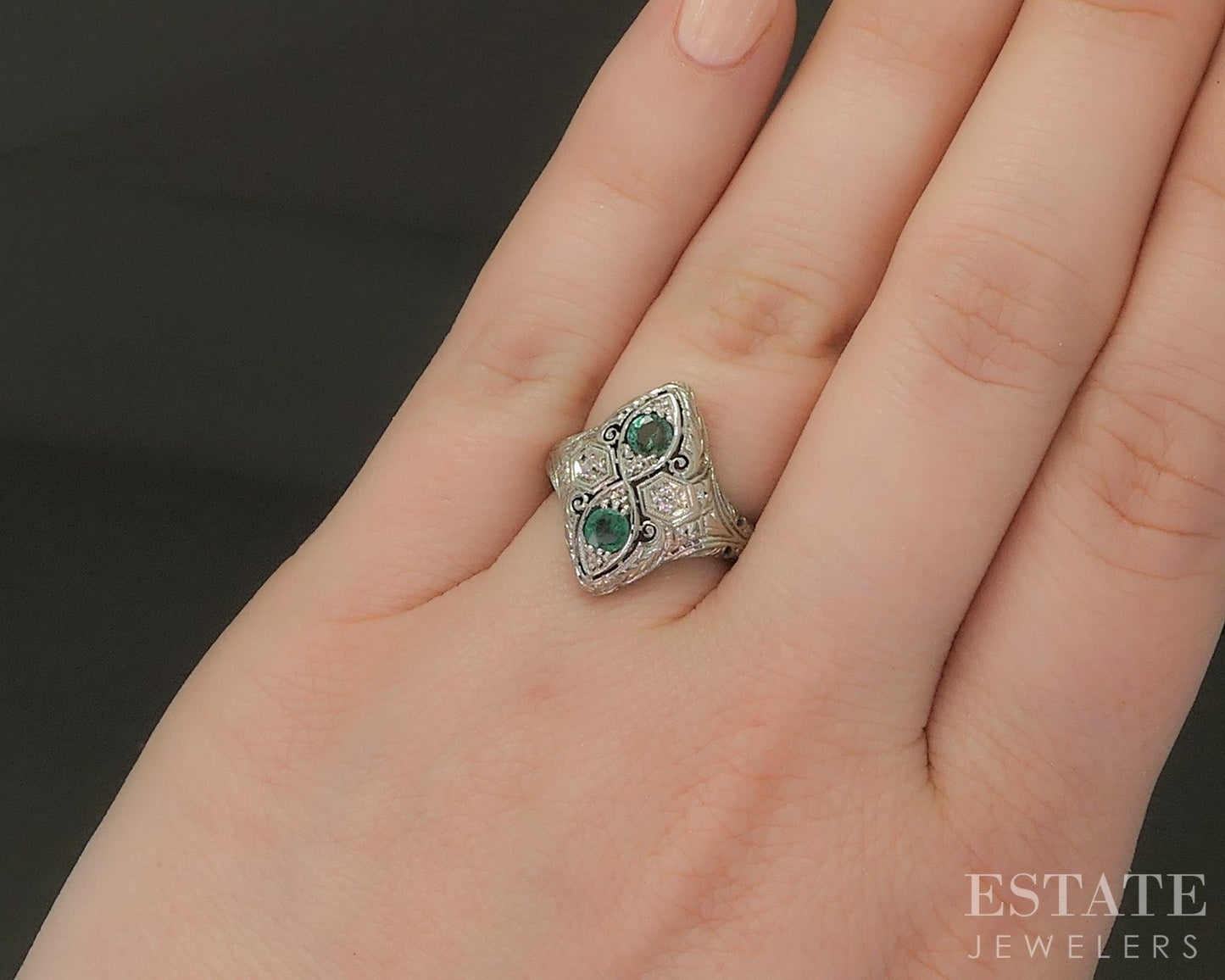 Antique Art Deco Platinum Natural Emerald & Diamond Filigree Ring 2.9g p20824