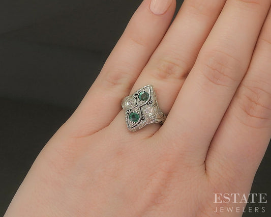 Antique Art Deco Platinum Natural Emerald & Diamond Filigree Ring 2.9g p20824