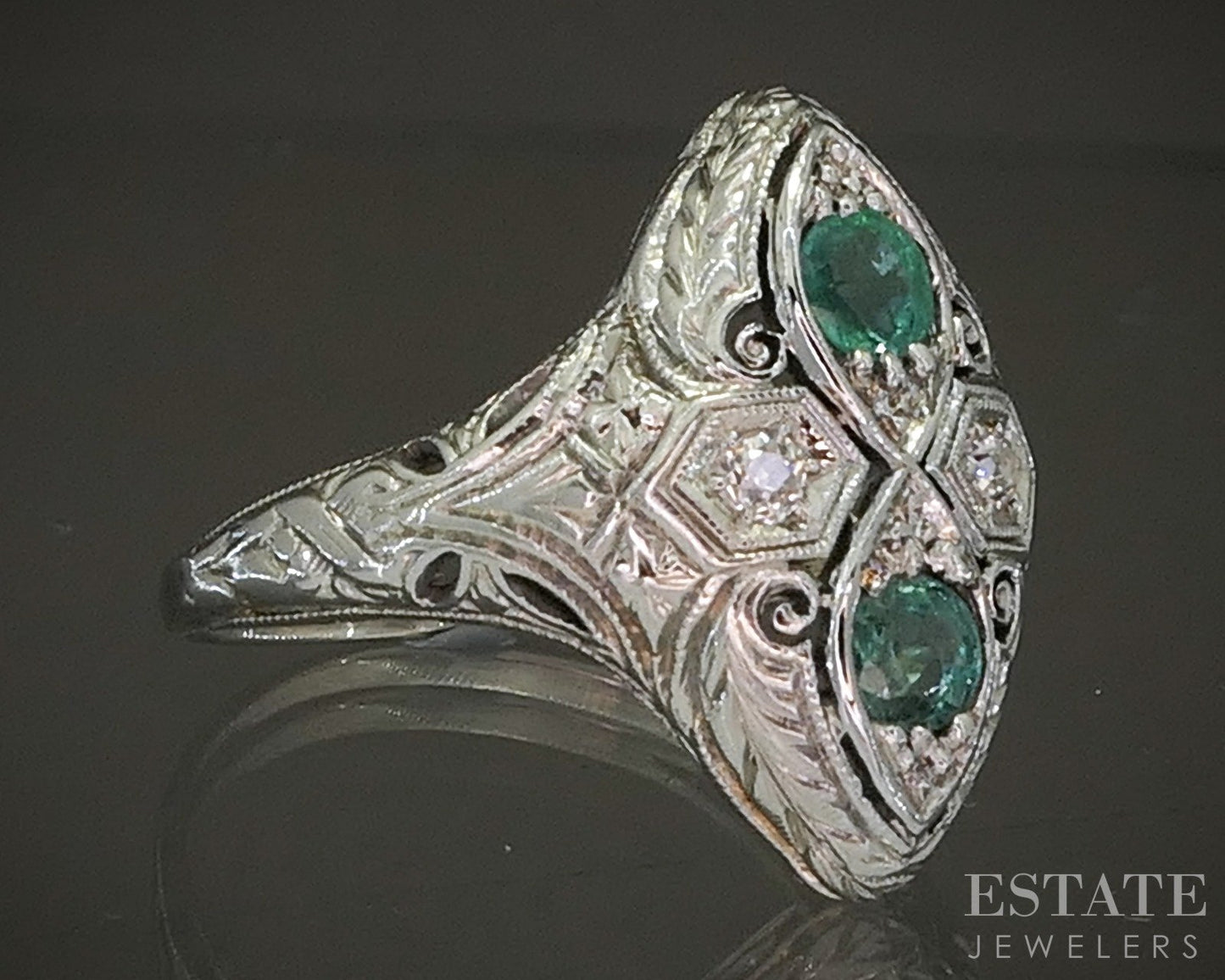 Antique Art Deco Platinum Natural Emerald & Diamond Filigree Ring 2.9g p20824
